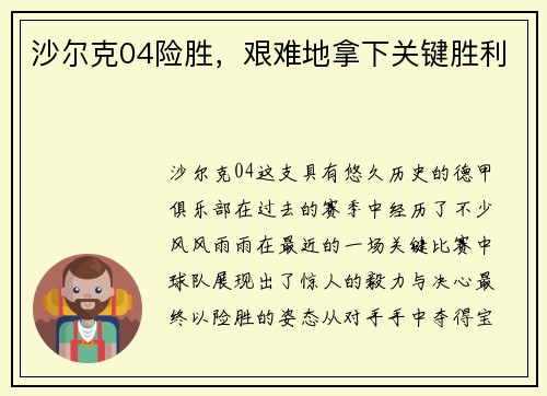 沙尔克04险胜，艰难地拿下关键胜利