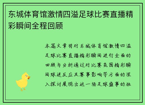 东城体育馆激情四溢足球比赛直播精彩瞬间全程回顾